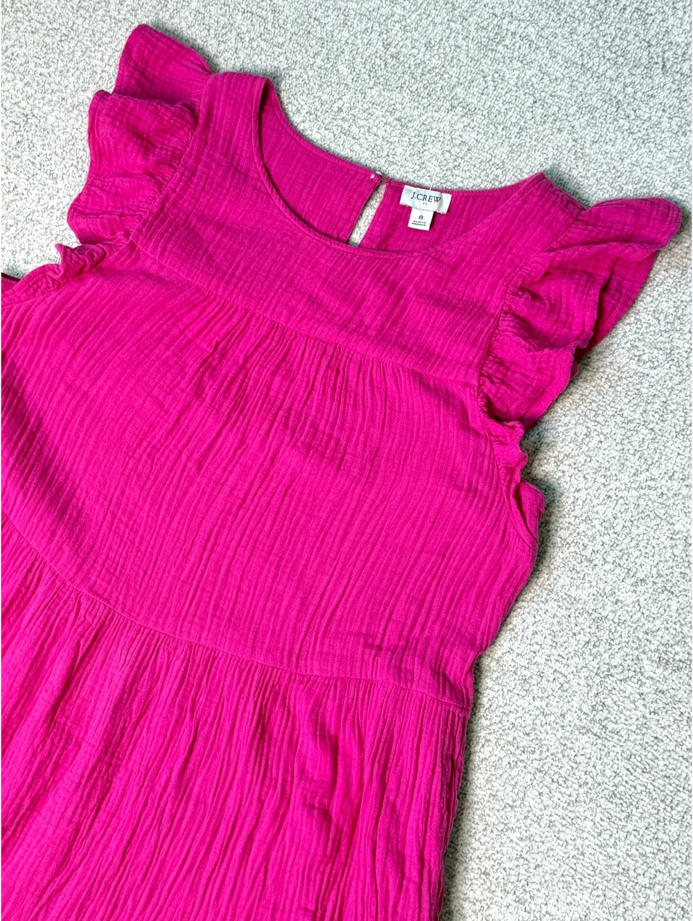 J.Crew Women's Hot Pink Cotton Gauze Tiered Midi Dress Ruffle Sleeve Size 8